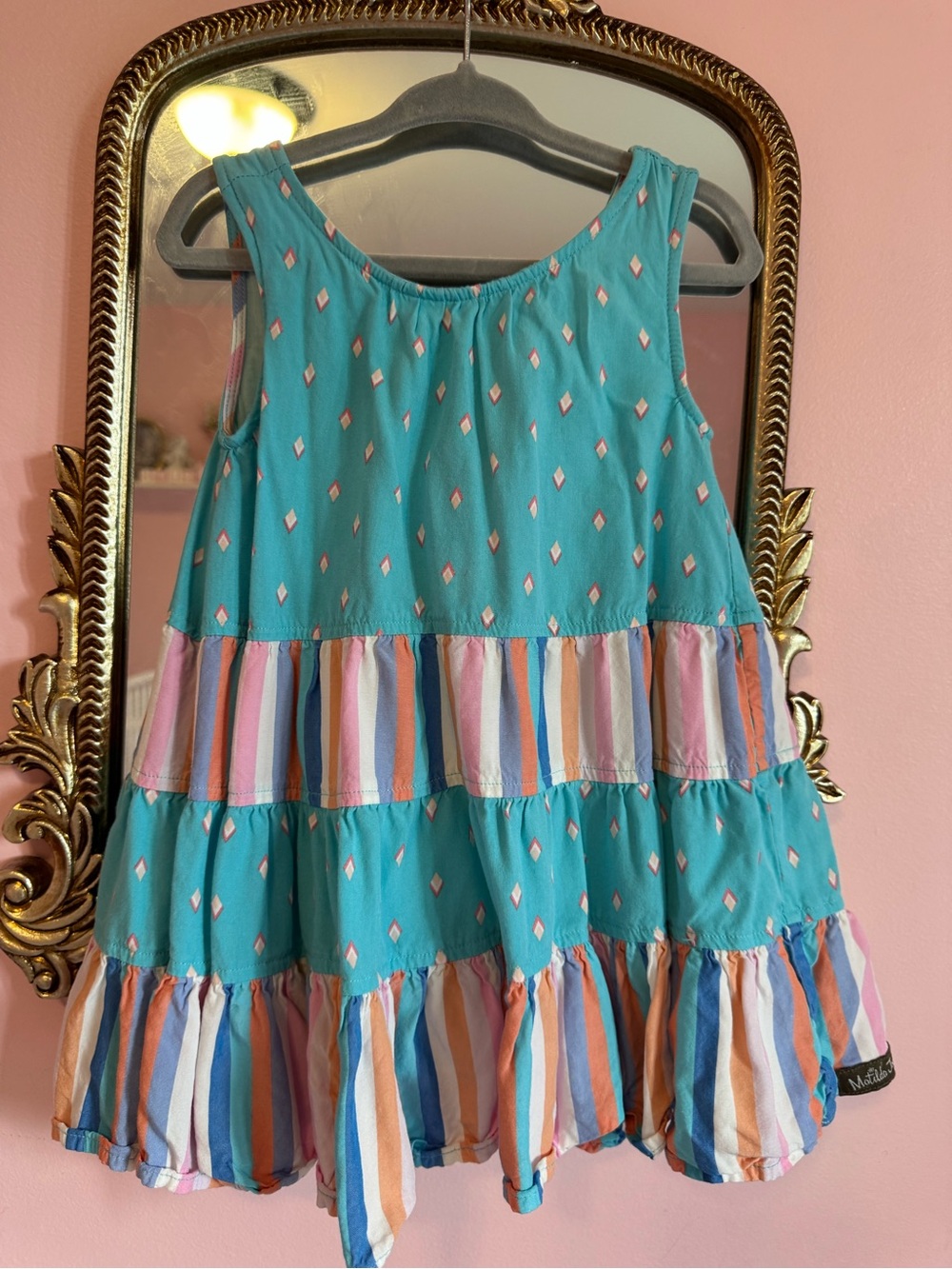 Matilda Jane Turquoise Dress with Multicolor Stripe Ruffles